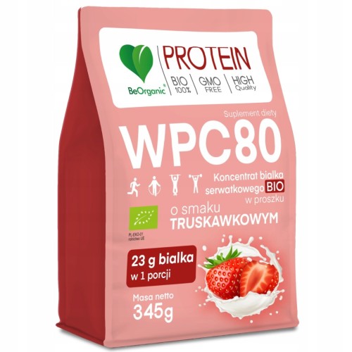 BeOrganic Białko serwatkowe WPC 80 345g Truskawka MASA Siła MIĘŚNIE Odżywka