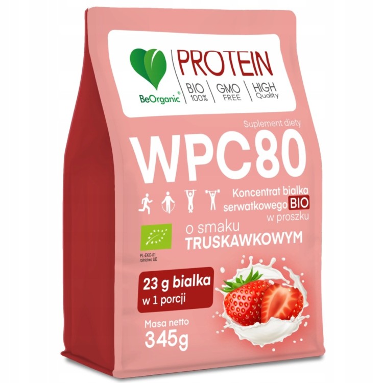 BeOrganic Białko serwatkowe WPC 80 345g Truskawka MASA Siła MIĘŚNIE Odżywka