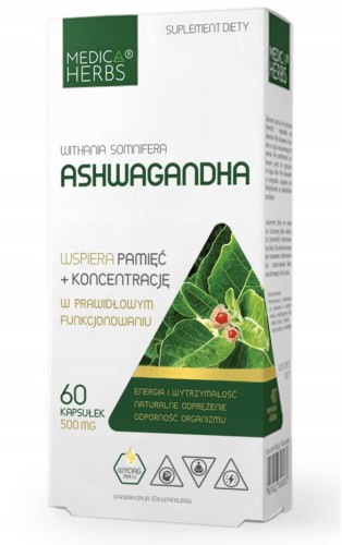 Medica Herbs Ashwagandha PAMIĘĆ KONCENTRACJA Nerwica Depresja Energia 60kap