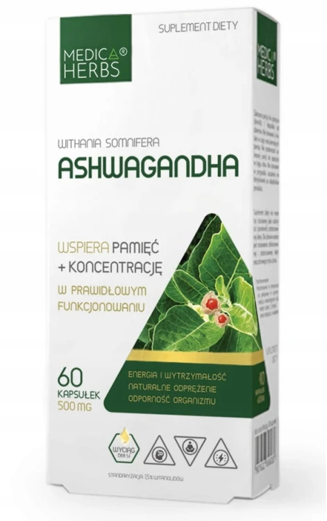 Medica Herbs Ashwagandha PAMIĘĆ KONCENTRACJA Nerwica Depresja Energia 60kap