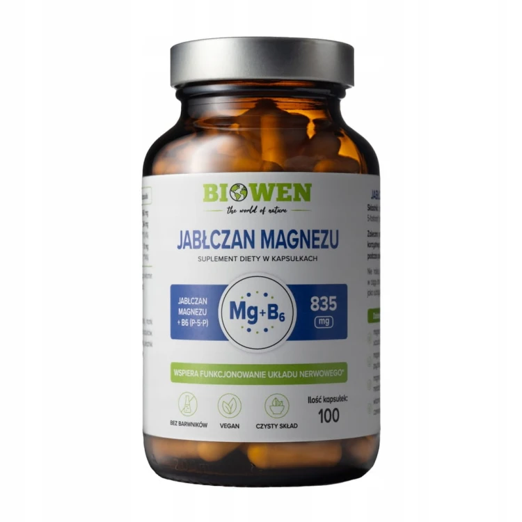 Biowen MAGNEZ Mg+B6 P-5-P Jabłczan Magnezu 835mg 100k SKURCZE UKŁAD NERWOWY