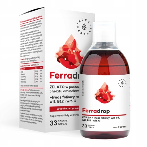 Aura Herbals FERRADROP ŻELAZO + Witamina C + Kwas Foliowy B6 B12 500ml
